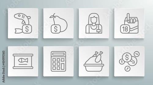 Set line Canned fish, Price tag for pear, Calculator, Roasted turkey chicken, Coin money with dollar, Seller, Cigarettes pack box and icon. Vector