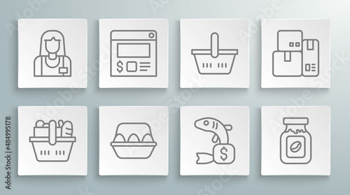 Set line Shopping basket and food, Online ordering delivery, Chicken egg box, Price tag for fish, Coffee jar bottle, Cash register machine and Seller icon. Vector