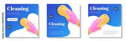 Cleaning service social media post, square banner set, washing with sponge advertisement concept, cleaning gloves marketing ad, blue abstract print, illustration isolated on background