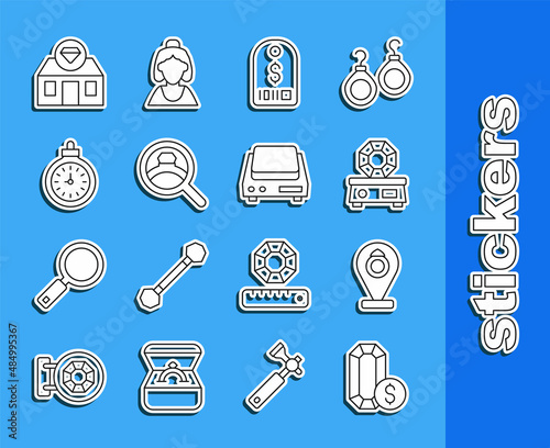Set line Jewelry online shopping, store, Gem stone, Price tag with dollar, Diamond engagement ring, Pocket watch, and Electronic jewelry scales icon. Vector