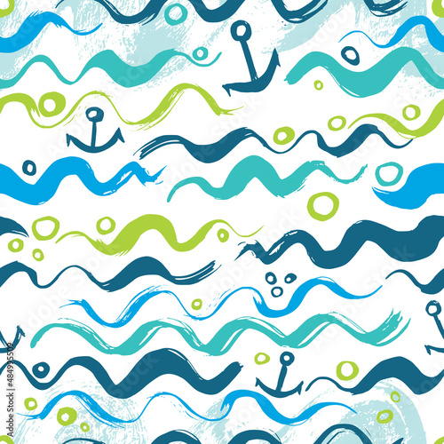 Waves and the outline of a sailboat. Seamless pattern. Vector illustration. Blue color.