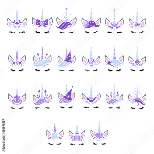 Unicorn magic face vector. Boho collection. Cute animals with sun, moon, crescent, stars,crystals, hair bow and unicorn horn for girls. Magical characters. Illustrations isolated on white background.