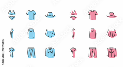 Set line Tie, Pants, Swimsuit, Shirt, Undershirt, Skirt, Umbrella and T-shirt icon. Vector