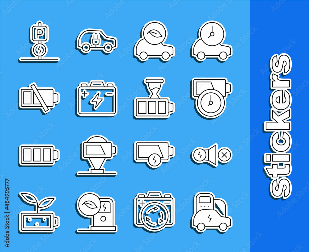 Set line Electric car, motor, Battery charge, Eco, Car battery, Low, Charging parking electric and icon. Vector Set line Electric car, motor, Battery charge, Eco, Car battery, Low, Charging parking electric and icon. Vector