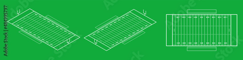 American football field blueprint in vectors. Isometric perspective and flat top view. 
