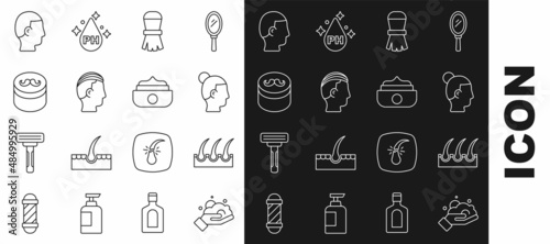 Set line Shaving foam on hand, Human hair follicle, Hairstyle for men, brush, Gel wax styling, and icon. Vector
