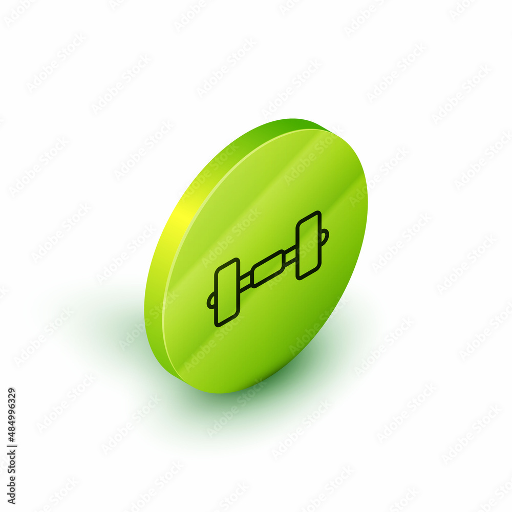 Isometric line Dumbbell icon isolated on white background. Muscle lifting icon, fitness barbell, gym, sports equipment, exercise bumbbell. Green circle button. Vector Isometric line Dumbbell icon isolated on white background. Muscle lifting icon, fitness barbell, gym, sports equipment, exercise bumbbell. Green circle button. Vector