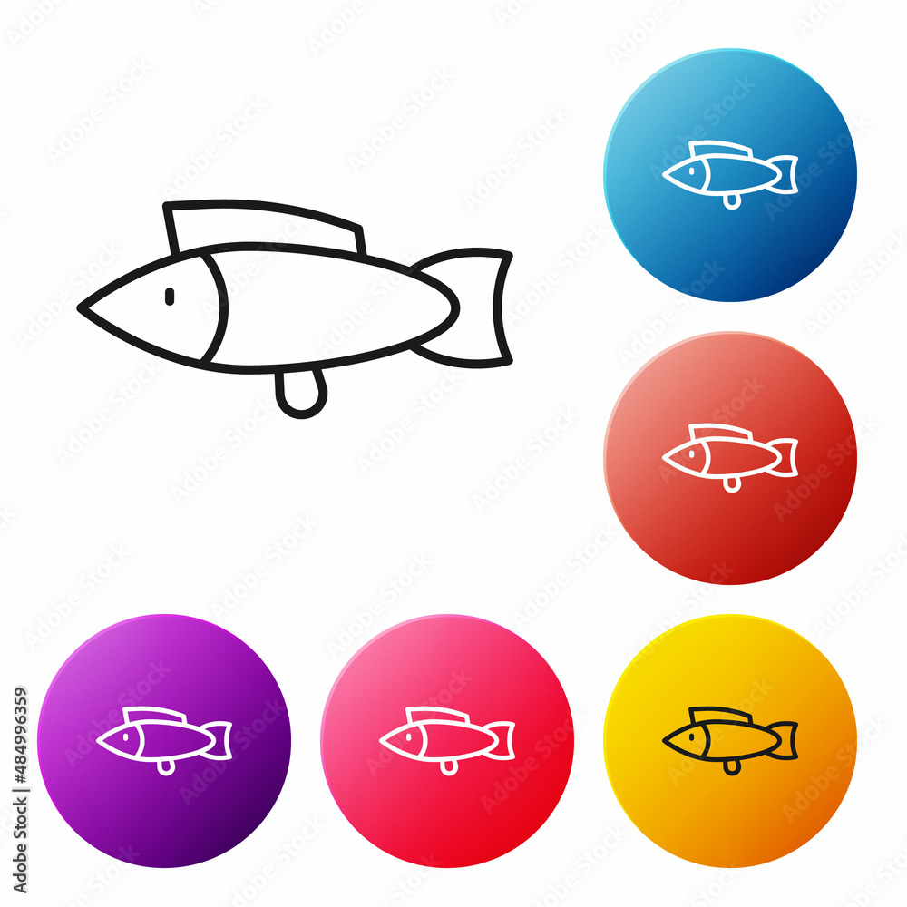 Black line Fish icon isolated on white background. Set icons colorful circle buttons. Vector Black line Fish icon isolated on white background. Set icons colorful circle buttons. Vector