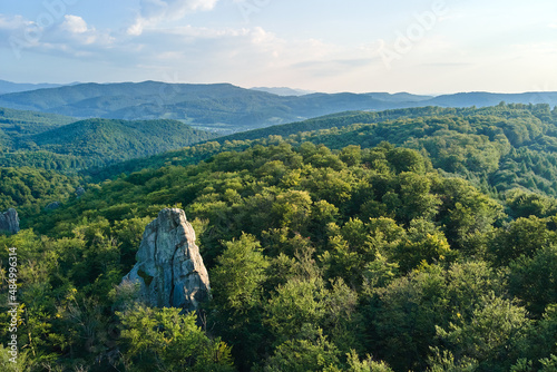 Aerial view of bright landscape with green forest trees and big rocky boulders between dense woods in summer. Beautiful scenery of wild woodland.