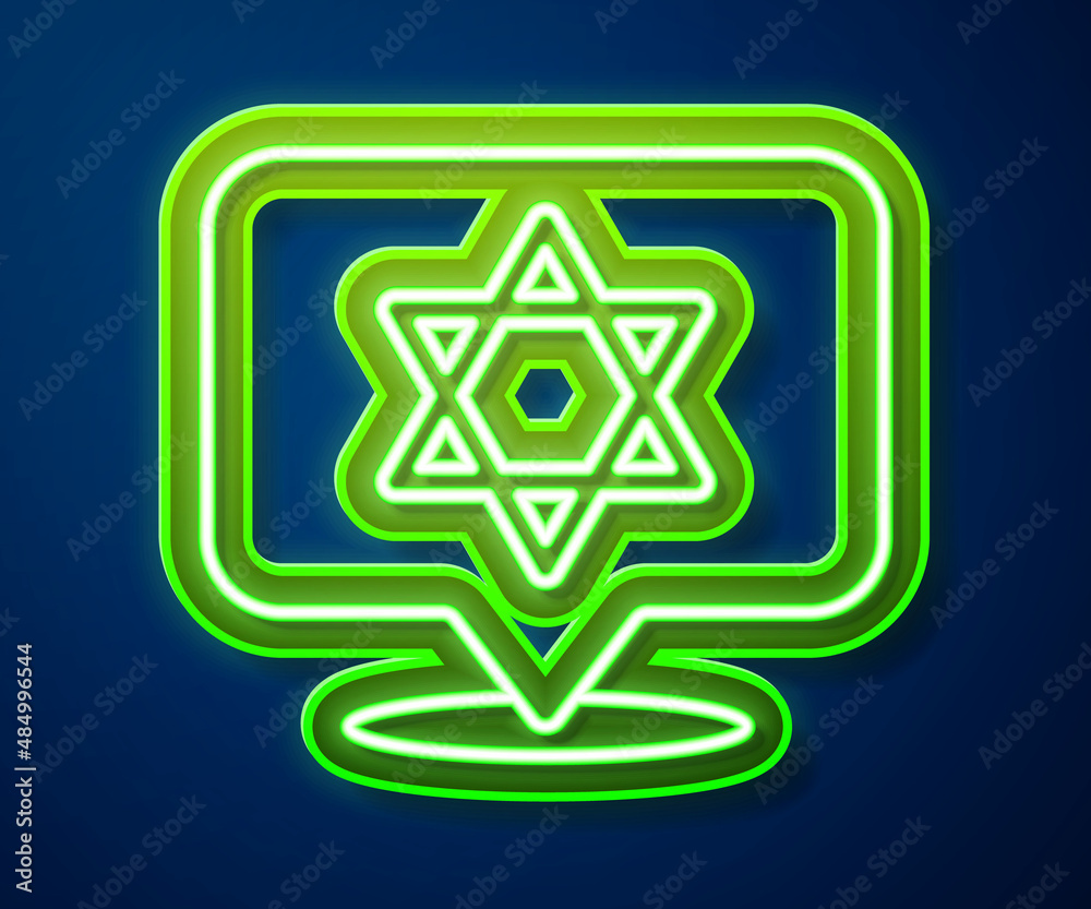 Glowing neon line Star of David icon isolated on blue background. Jewish religion symbol. Symbol of Israel. Vector Glowing neon line Star of David icon isolated on blue background. Jewish religion symbol. Symbol of Israel. Vector