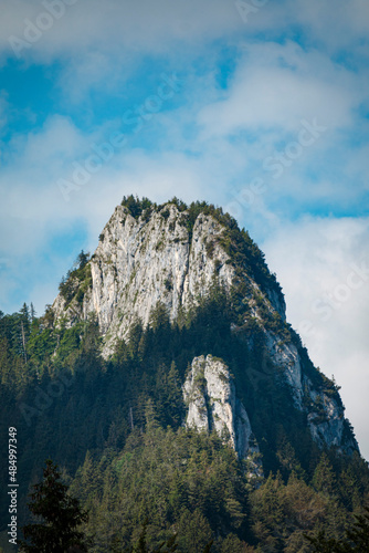 Stone mountain top with clouds and forest