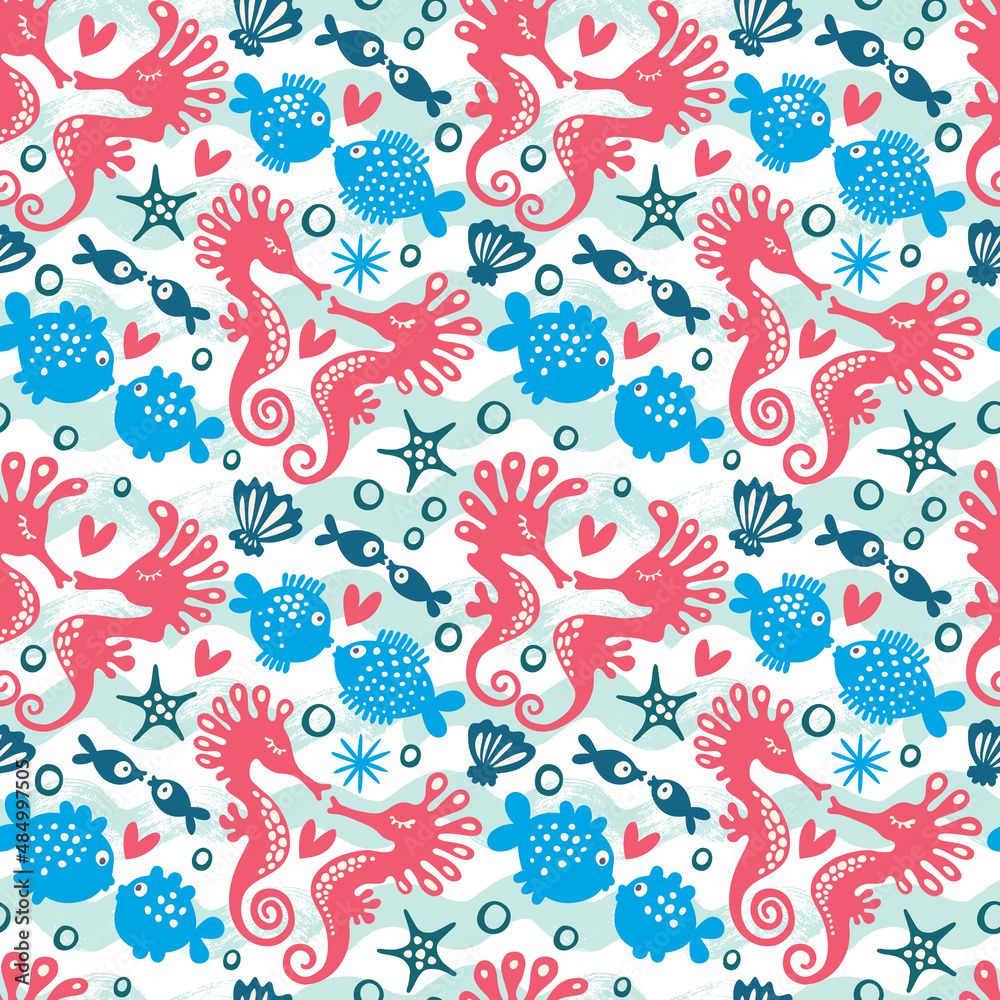 Naklejka premium Cute seamless pattern with underwater live: starfish, fish, sea horse, shells, algae. Vector sea background.