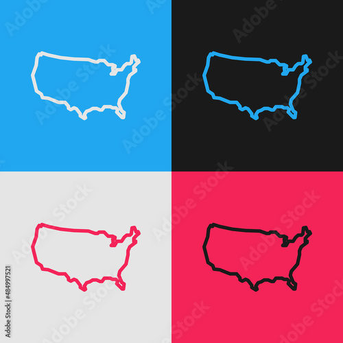 Pop art line USA map icon isolated on color background. Map of the United States of America. Vector