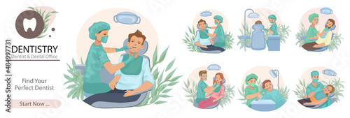 Dentist examining patient set. Medical visit, dentistry checkup, examination tooth appointment. Dental office at hospital concept doctor diagnostic. Vector illustration.