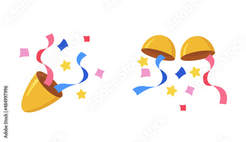 Party popper and confetti ball color icon set. Vector Party popper and confetti ball emoji illustration collection