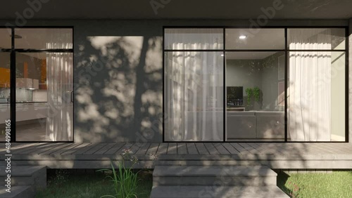 Outside View of the Kitchen and the Living Room in Natural Daylight 3D Rendering