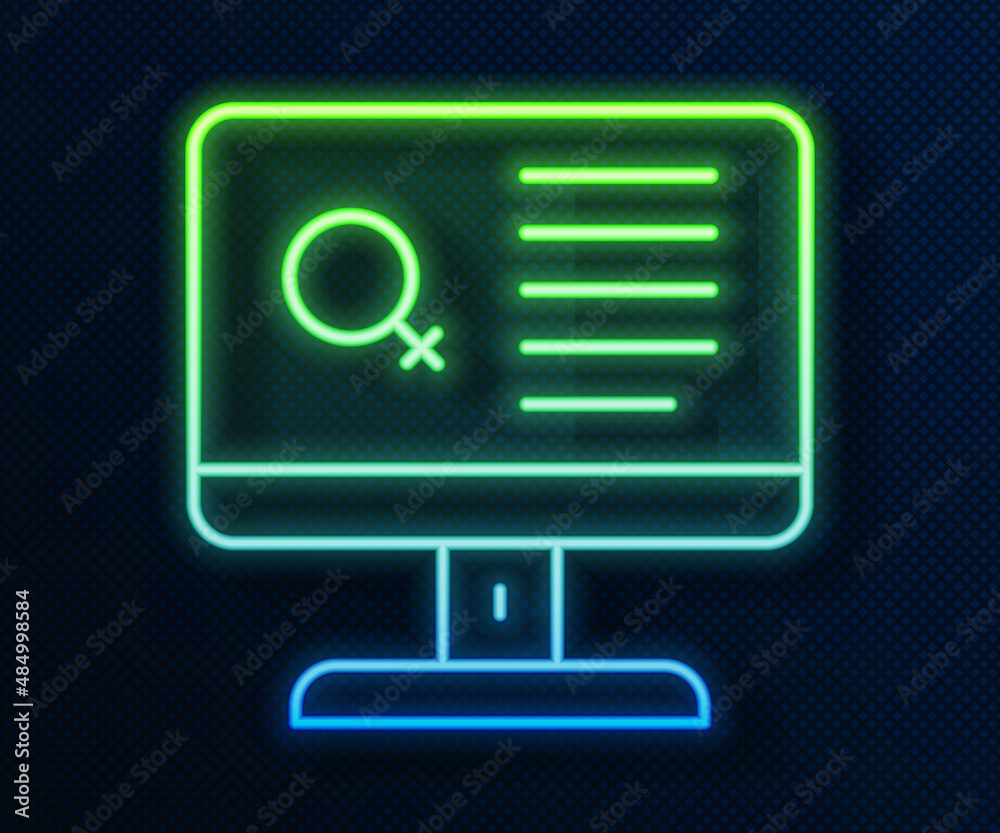 Glowing neon line Dating app online laptop concept icon isolated on blue background. Female male profile flat design. Couple match for relationship. Vector Glowing neon line Dating app online laptop concept icon isolated on blue background. Female male profile flat design. Couple match for relationship. Vector