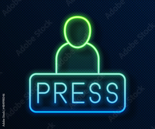 Glowing neon line Journalist news reporter icon isolated on blue background. Vector