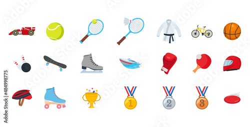 All type of sports, recreation, fitness emojis, emoticons, stickers. Games, horse riding, rider, soccer, football balls, mountain biking symbols, vector illustration icons, concept, set, collection
