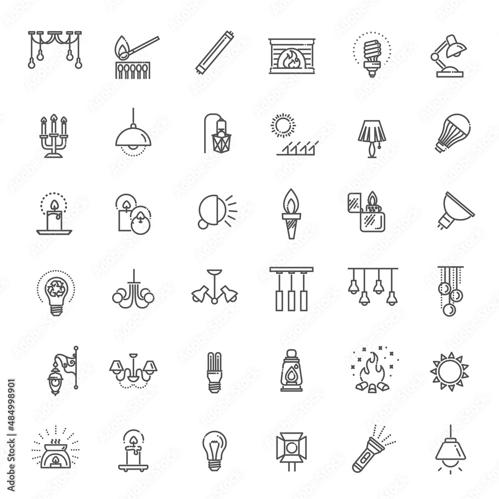 Outline Lamp Icon Set - Vector Graphics. illumination Outline Lamp Icon Set - Vector Graphics. illumination