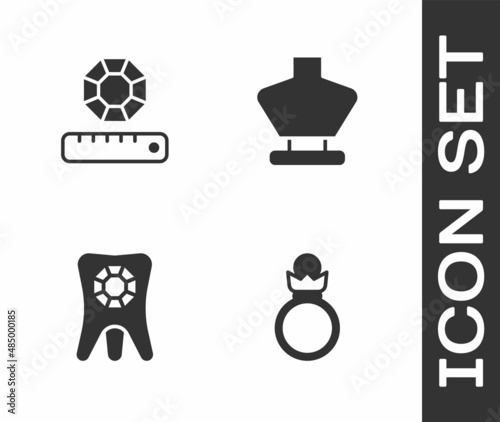 Set Diamond engagement ring, Gem stone, Tooth with diamond and Necklace mannequin icon. Vector