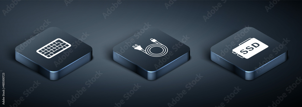 Set Isometric Keyboard, SSD card and Electric plug icon. Vector Set Isometric Keyboard, SSD card and Electric plug icon. Vector