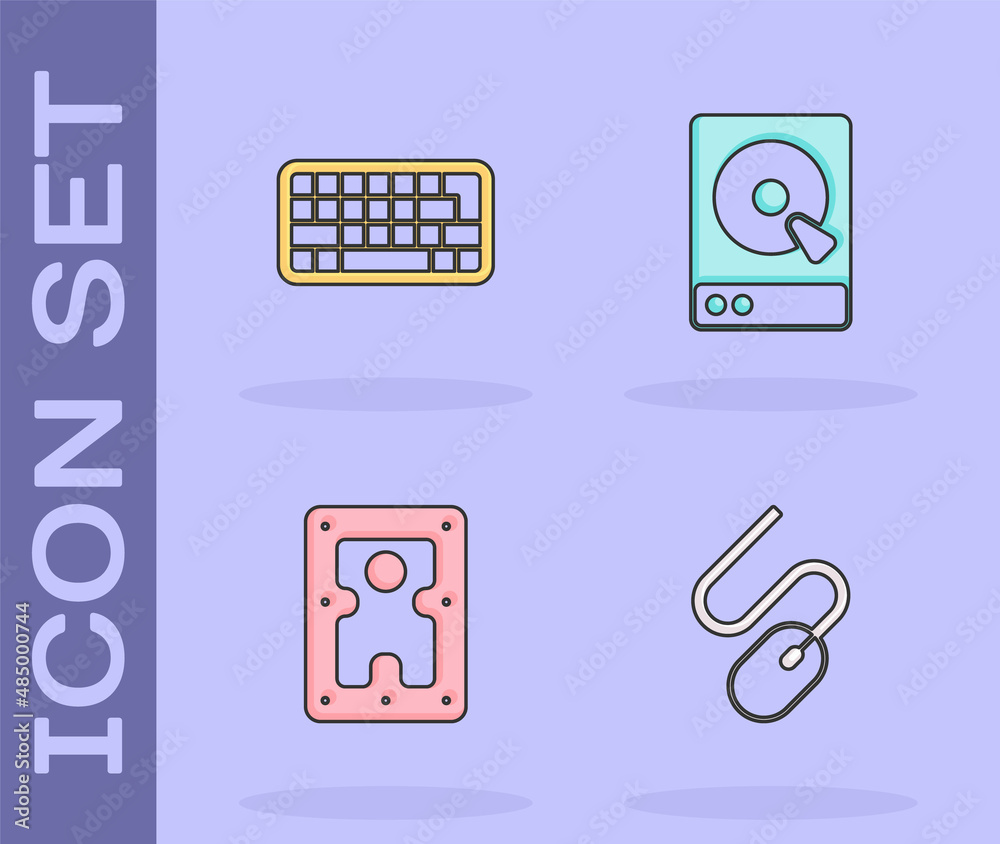 Set Computer mouse, Keyboard, Hard disk drive HDD and icon. Vector Set Computer mouse, Keyboard, Hard disk drive HDD and icon. Vector