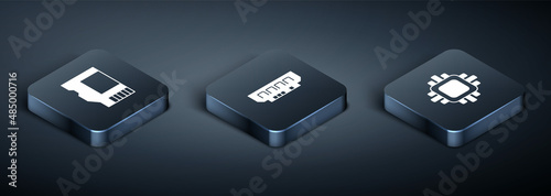 Set Isometric SD card, Processor with CPU and RAM, random access memory icon. Vector