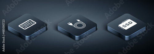 Set Isometric Keyboard, SSD card and Electric plug icon. Vector