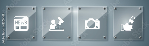 Set Journalist news, Photo camera, Crime and News. Square glass panels. Vector