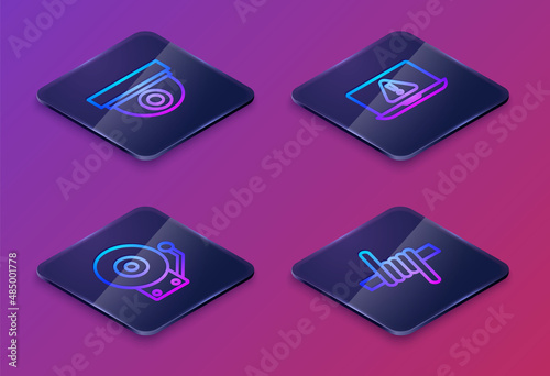 Set Isometric line Security camera, Ringing alarm bell, Laptop with exclamation mark and Barbed wire. Blue square button. Vector