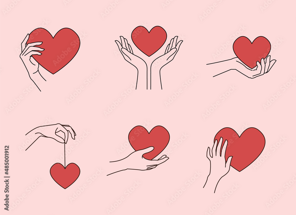 Logo design template with woman's hand holding heart. Line art minimalism style. Vector illustration
