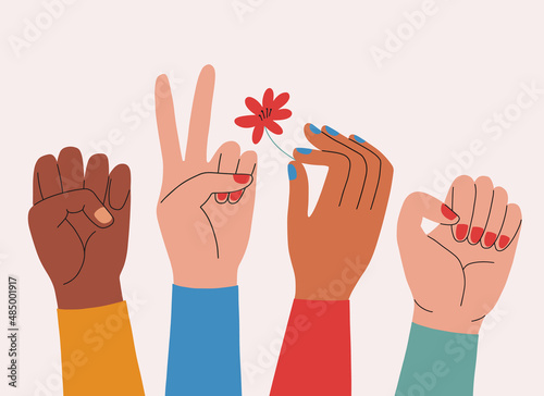 Female group. Women's hands set. Fist raised up. Girl Power. Feminism. Postcard or poster print design. Vector illustration