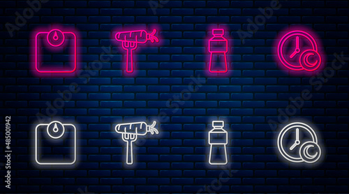 Set line Carrot on fork, Bottle of water, Bathroom scales and Time to sleep. Glowing neon icon on brick wall. Vector