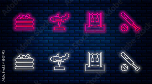Set line Swing plane, Gymnastic rings, Pool with balls and Baseball bat. Glowing neon icon on brick wall. Vector