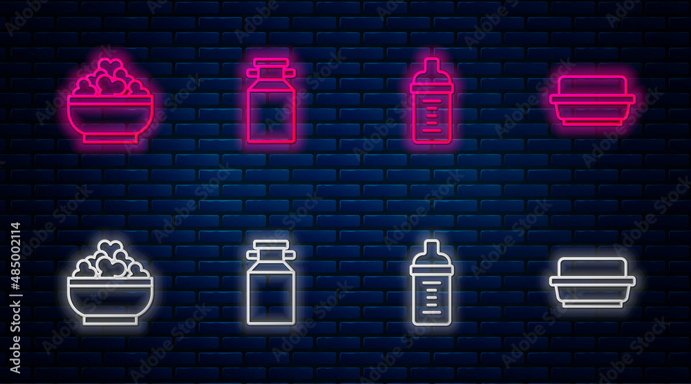 Set line Can container for milk, Baby bottle, Cottage cheese and Butter butter dish. Glowing neon icon on brick wall. Vector Set line Can container for milk, Baby bottle, Cottage cheese and Butter butter dish. Glowing neon icon on brick wall. Vector