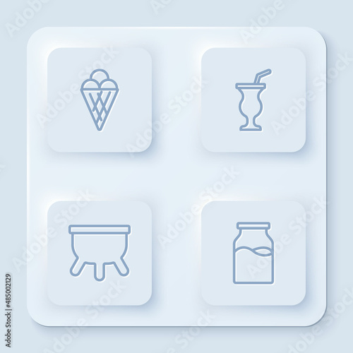 Set line Ice cream in waffle cone  Milkshake  Udder and Bottle with milk. White square button. Vector