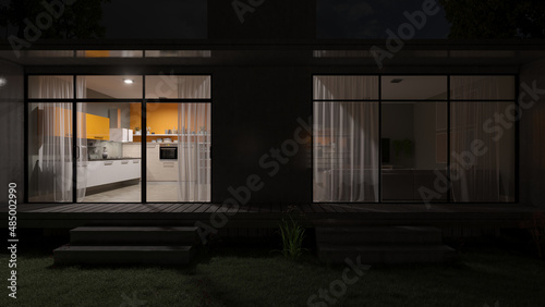 Illuminated Kitchen View from the Backyard at Night 3D Rendering