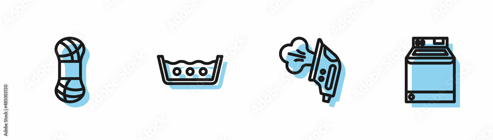 Set line Electric iron, Yarn, Temperature wash and Washer icon. Vector Set line Electric iron, Yarn, Temperature wash and Washer icon. Vector