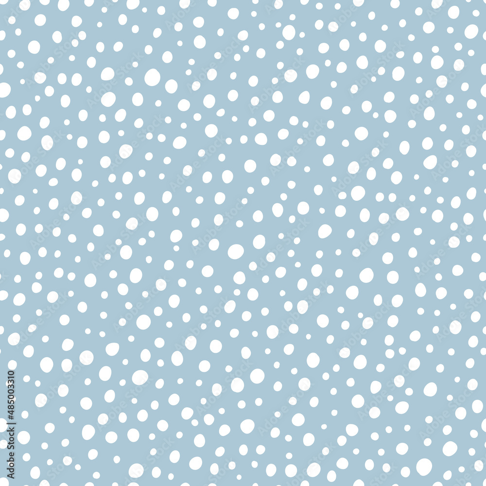Polka Dots Pattern. Abstract Doodle Stain Seamless Background. Blue White Colors