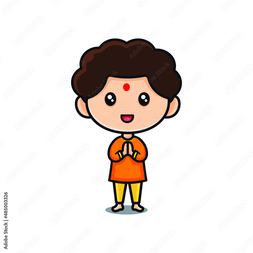 Hindu boy character in traditional Indian outfits praying on Diwali.