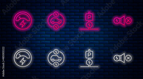 Set line Electric car, Charging parking electric, Voltmeter and motor. Glowing neon icon on brick wall. Vector