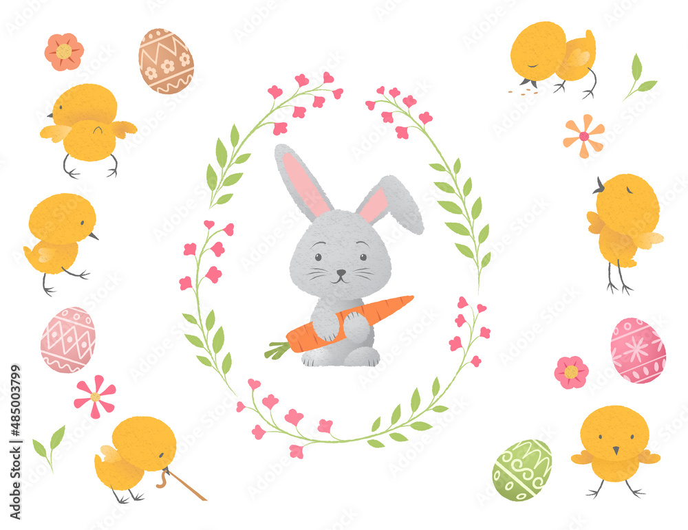 Happy Easter Bunny Rabbit Egg Chick Flower Floral Wreath Elements for Holiday Cards and Banners