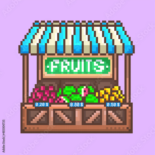 Fruit selling stand in editable vector pixel art.
