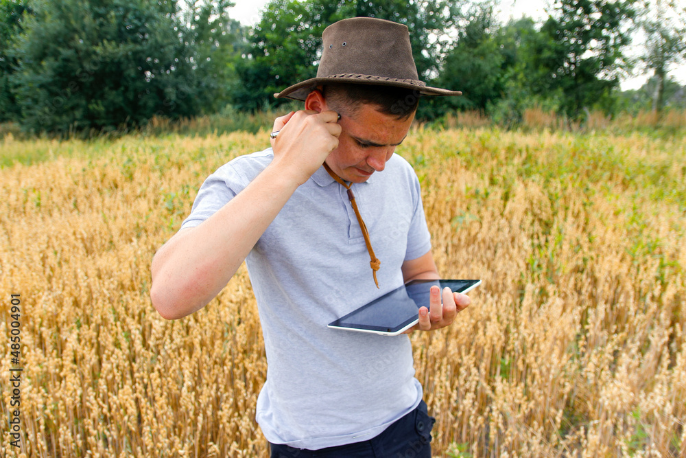 Young farmer. Portrait of farmer seating in gold wheat field and scrolling on tablet. Young man wearing cowboy hat in field examining wheat crop. Oats grain industry. Oats plant. Remote work. Rancher