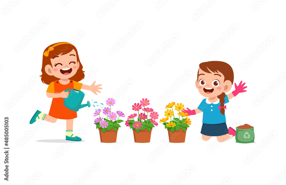 cute little girl stand and watering flower cute little girl stand and watering flower