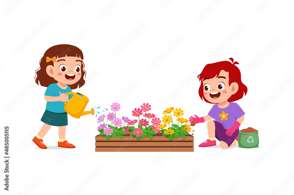cute little girl stand and watering flower cute little girl stand and watering flower