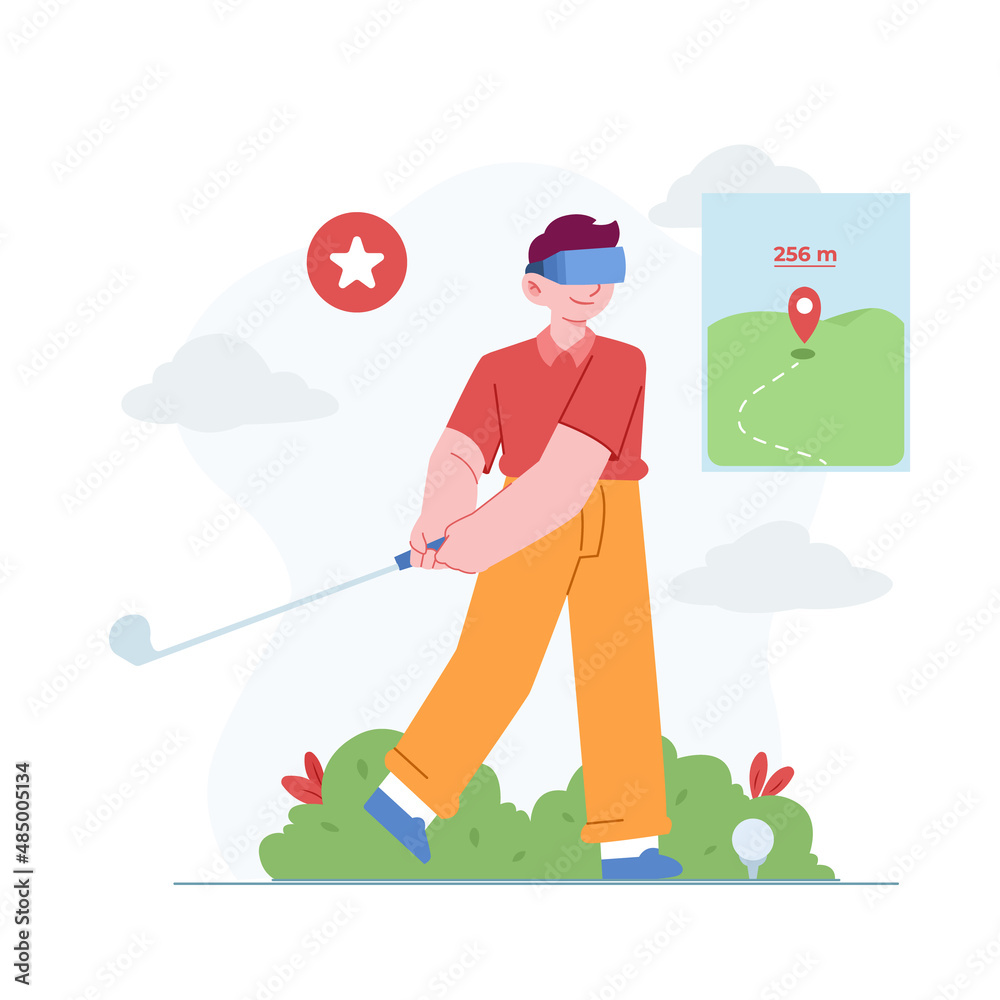 Virtual Reality concept vector Illustration idea for landing page template, cyberspace experience, digital dimension simulated illusion, golf sport gaming, augmented 3d,Hand drawn Flat Style Virtual Reality concept vector Illustration idea for landing page template, cyberspace experience, digital dimension simulated illusion, golf sport gaming, augmented 3d,Hand drawn Flat Style
