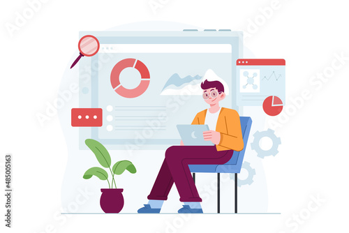 Data Analyst concept vector Illustration idea for landing page template, Statistical analysis and information data research audit, business financial chart, balance calculation. Hand drawn Flat Style