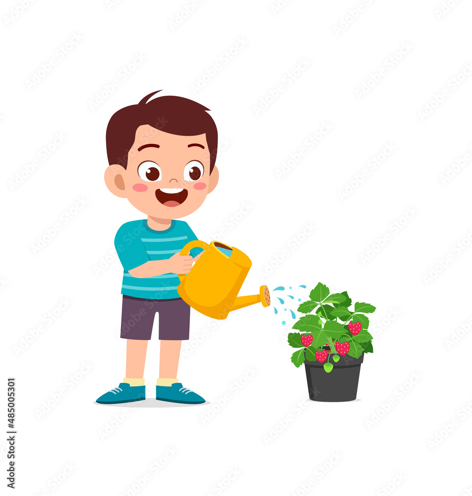 cute little boy stand and watering strawberry tree cute little boy stand and watering strawberry tree